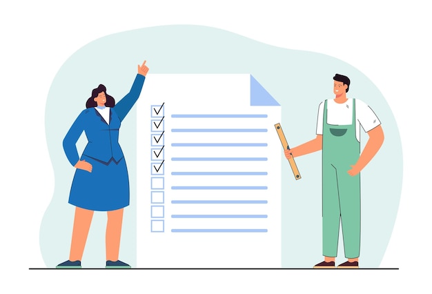 Woman and man near to do list flat vector illustration