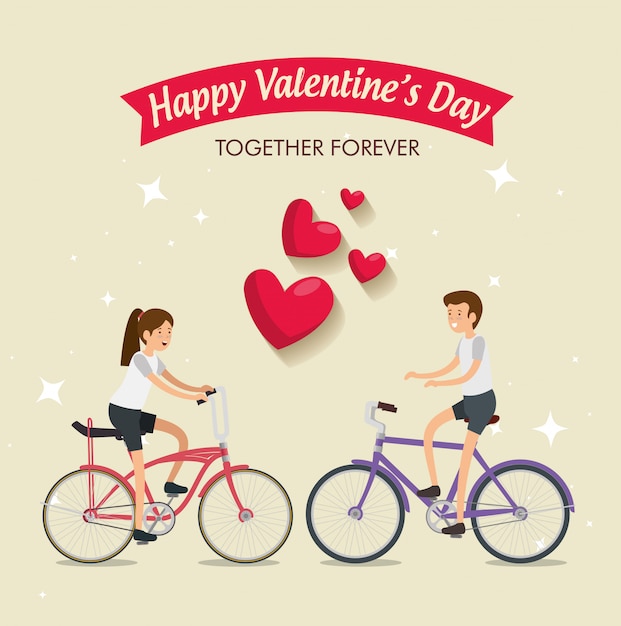 Woman and man riding a bicycle in valentine's day