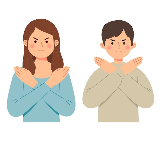 Free vector woman and man says no with gesture deny expression angry grumpy ban