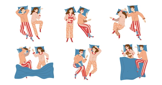 Free vector woman and man sleep in different poses top view