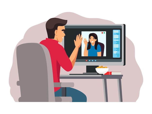Woman and man talking at online video call communication via computer screen Friends waving on videoconference talking with snacks virtual digital meeting