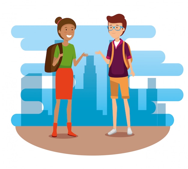 Free vector woman and man tourist with backpack to travel