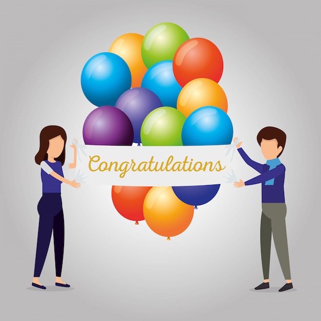 Free Vector woman and man with balloons to party celebration