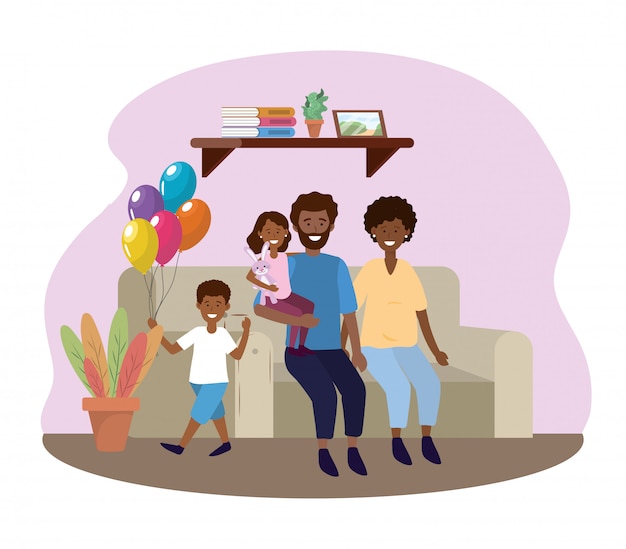 Free vector woman and man with daughter and son in the sofa