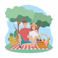 Free vector woman and man with sandwinch and grapes with apple