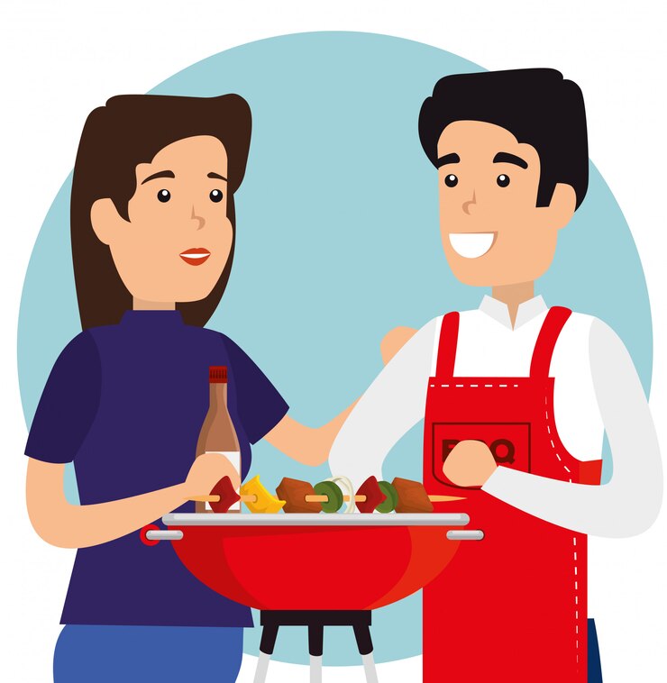 मुफ़्त वेक्टर woman and man with sausages in the grill