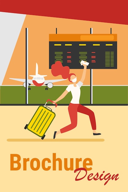 Free vector woman in mask celebrating travel ban cancel. passenger running in airport flat vector illustration. late for boarding, virus and travel concept