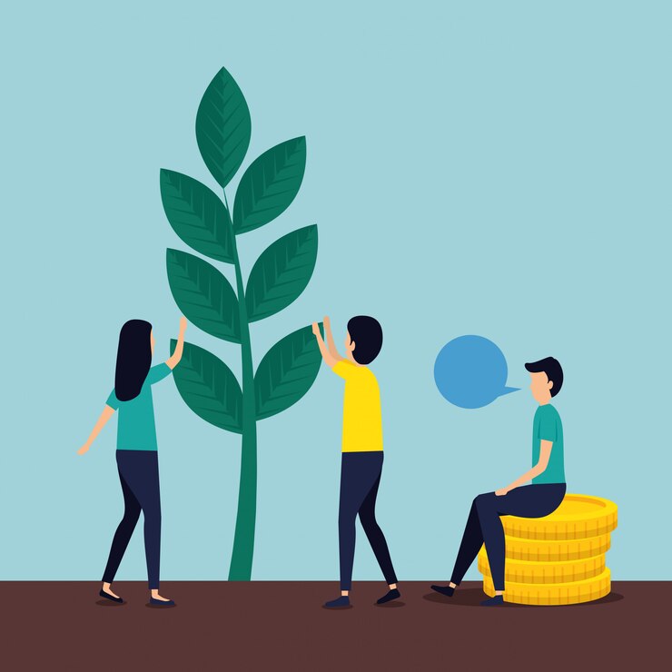 मुफ़्त वेक्टर woman and men teamwork with chat plant and coins