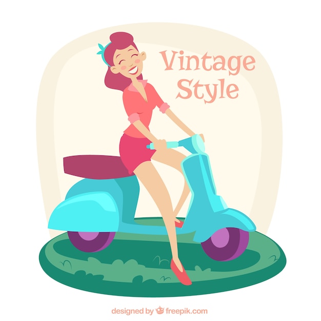 Free vector woman on a motorcycle in vintage style