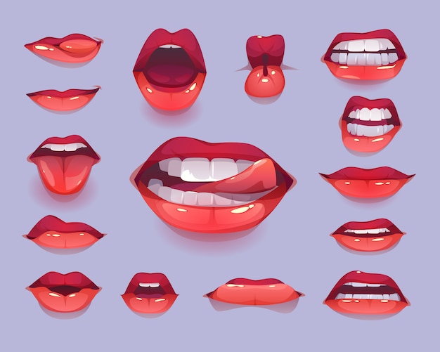 Free vector woman mouth icon set. red sexy lips expressing emotions