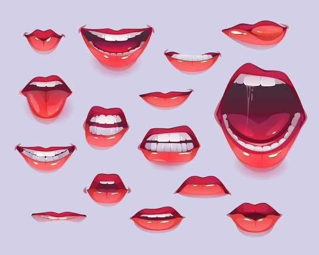 Woman mouth set. red sexy lips expressing emotions