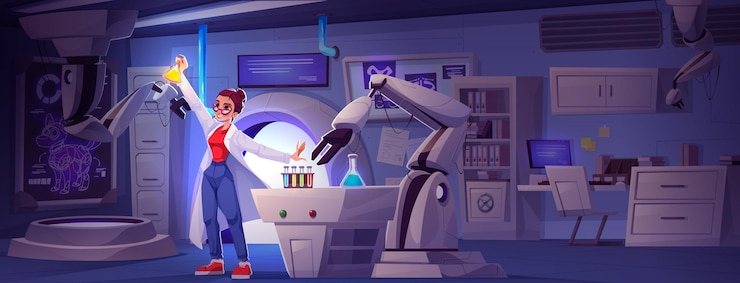 Free Vector woman near laboratory robot do medical research happy scientist in lab for experiment discovery in engineering room with computer screen and pharmaceutical capsule future innovation factory