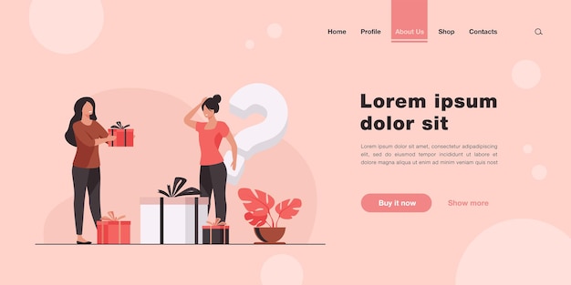 Woman offering presents to woman in shop. Landing page in flat style