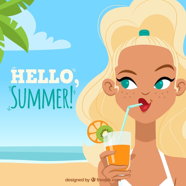 Бесплатное векторное изображение Женщина на пляже, пить апельсиновый сок