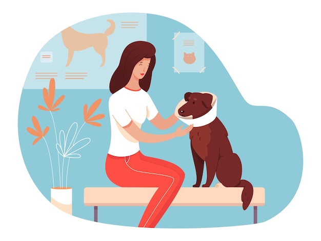 Free vector woman pet owner with sick dog wearing protective collar sitting and waiting for veterinarian doctor appointment in vet clinic hallway medicine and healthcare for domestic animal