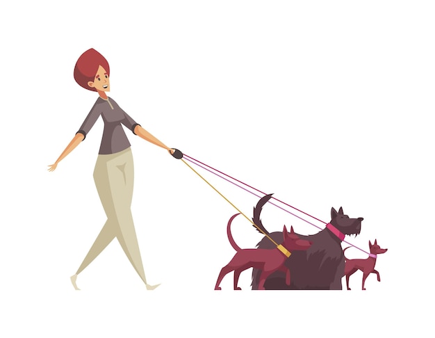 Woman pet sitter walking three dogs on leash cartoon