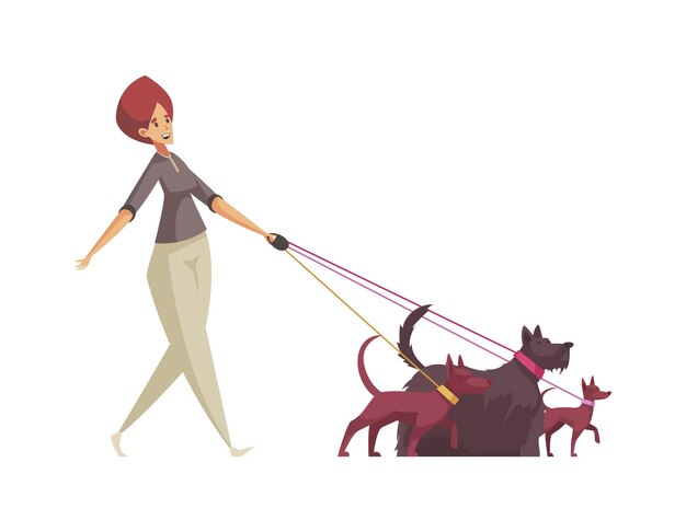 Женщина-няня выгуливает трех собак на поводке