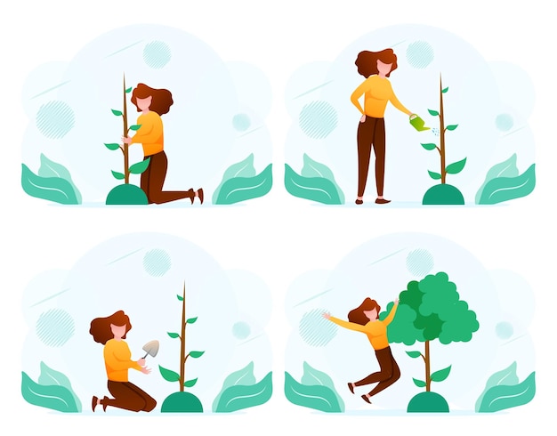 여자 심기 및 돌보는 나무 단계 벡터 평면 그림 협업 및 환경 관리의 개념