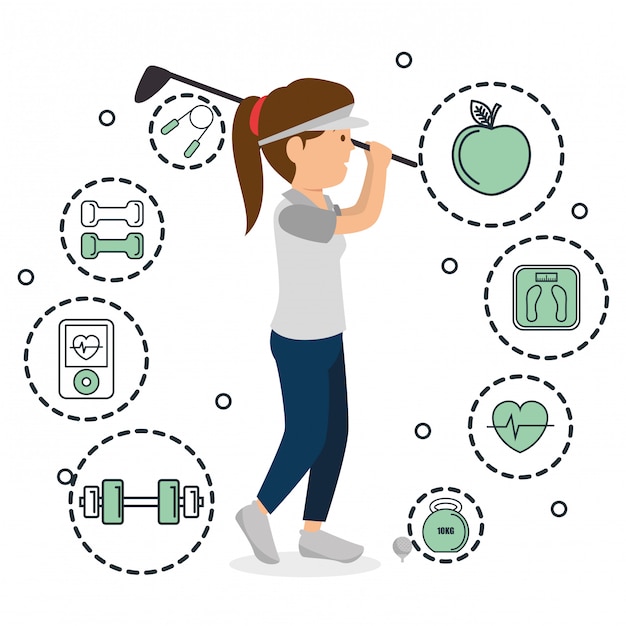 Free vector woman playing golf with sports icons