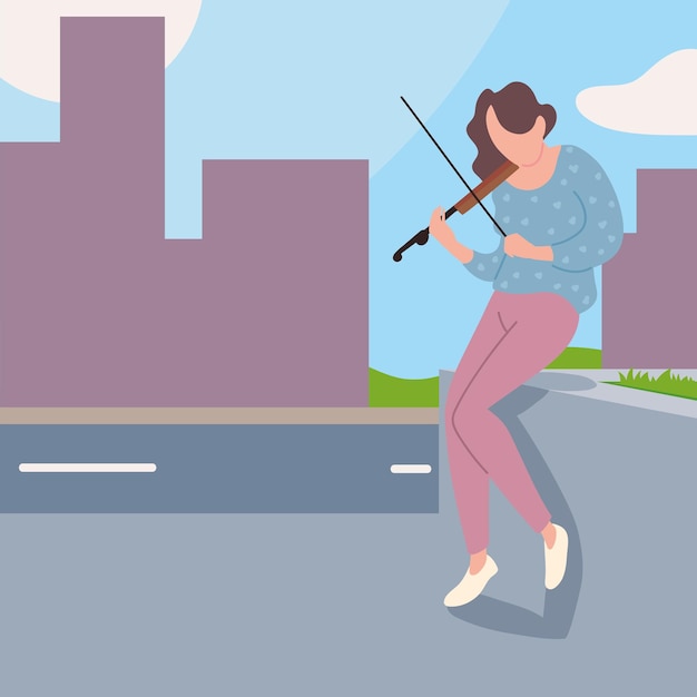 거리에서 바이올린을 연주하는 여자