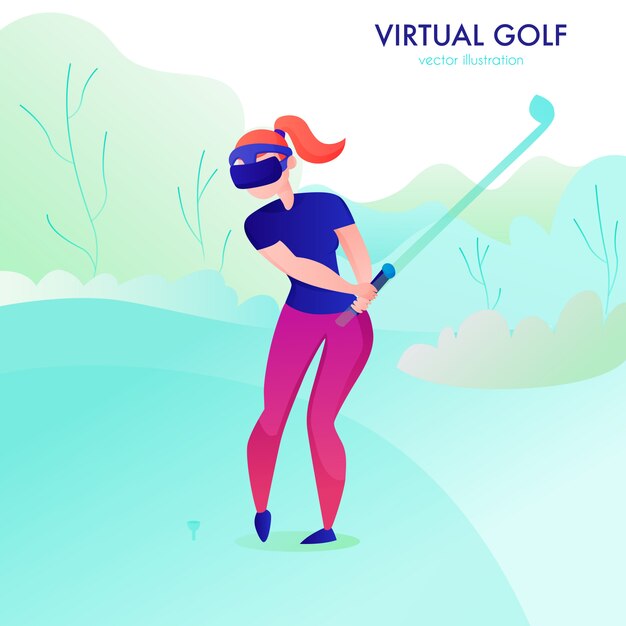 Woman playing virtual gold in augmented reality glasses cartoon 