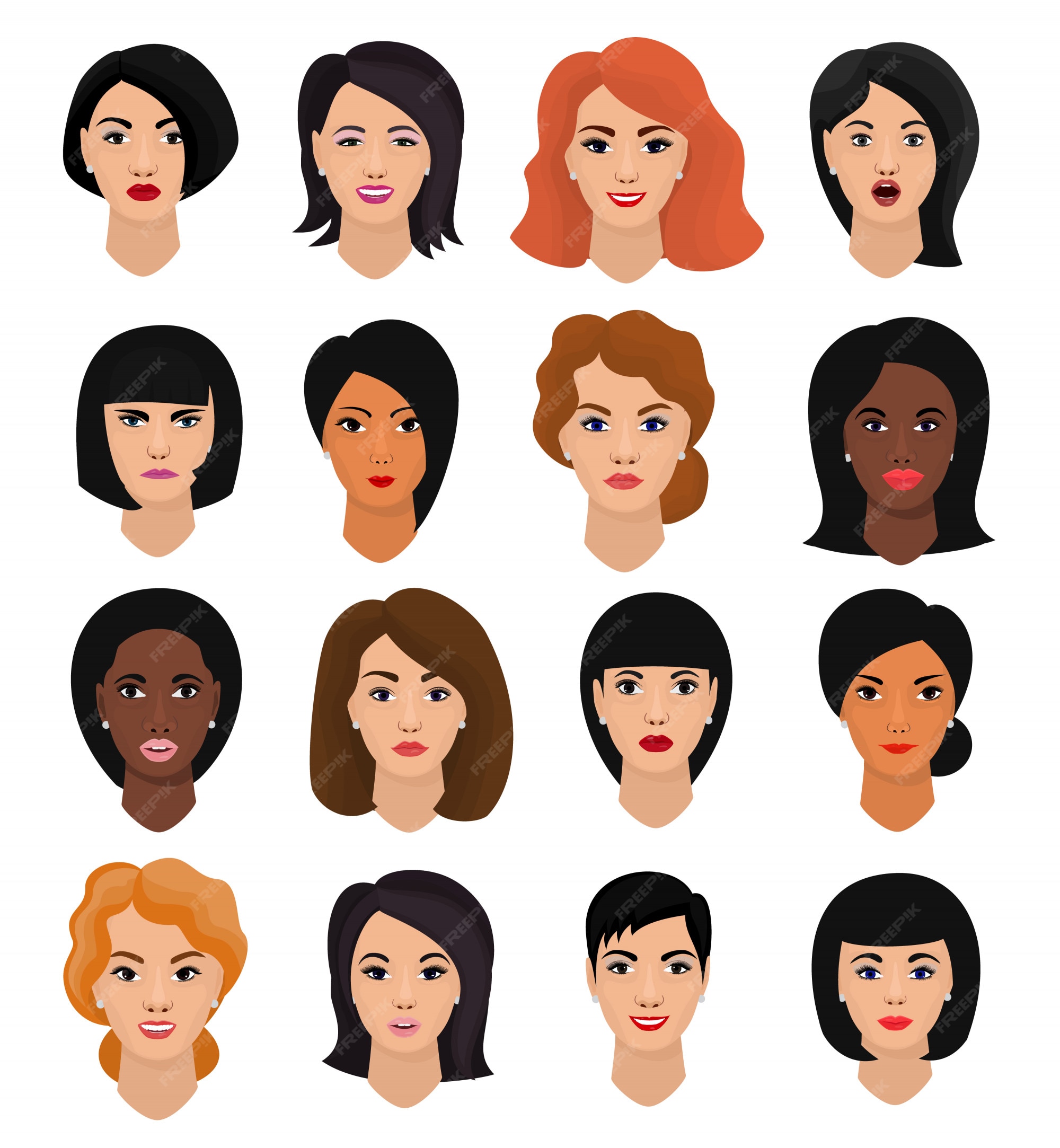 Premium Vector | Woman portrait vector female character face of girl with  hairstyle and cartoon person with various skin tone illustration set of  beautiful facial features isolated on white space