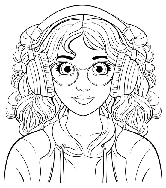 Woman portrait wearing headset listening to music doodle