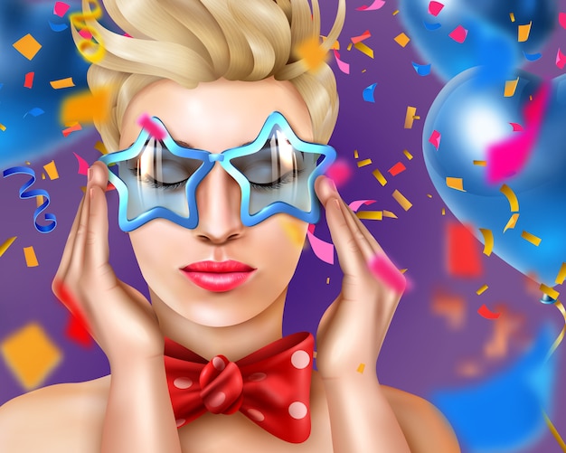 Free vector woman portrait with carnival accessories and star shaped glasses, in a party