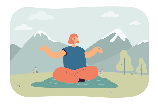 Woman practicing yoga in mountains. Female character enjoying nature and doing sport on mat flat vector illustration. Healthy lifestyle, meditation concept for banner, website design, landing web page