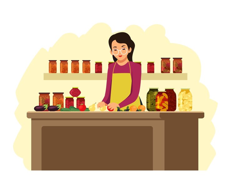 Free Vector woman preparing food in jars and cans at home girl making jam from fruit and putting vegetables in cans at house kitchen