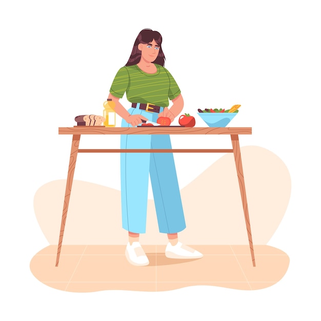 Woman preparing healthy food, cutting fresh vegetables. Homemade meals on kitchen table at home. Girl cooking vegetable salad, slicing tomatoes. Vegetarian cuisine. Flat cartoon vector illustration.