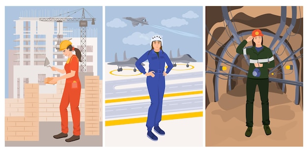Vettore gratuito set di carte piatte di professioni femminili di tre composizioni verticali con illustrazione di personaggi di pilota costruttore e minatore femminile