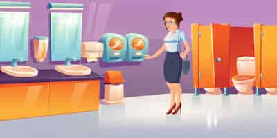 Free vector woman in public toilet with tampon and pads vending machines.