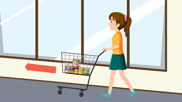 Free vector woman pushing shopping cart in supermarket