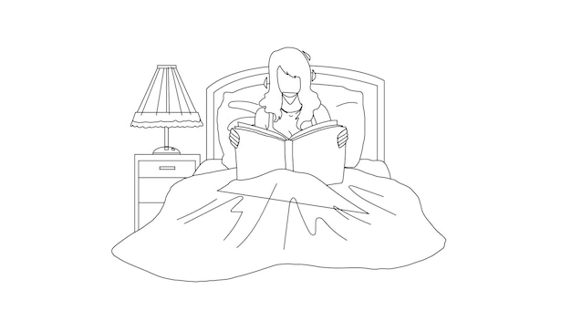 Premium Vector | Woman read book in bedroom before bedtime black line  pencil drawing vector. girl lying in bed and reading book or magazine  article at night home. character lady leisure and