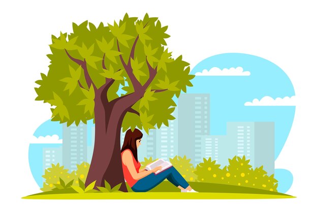 Woman reader outdoor scene set girl in park under tree with book City on background