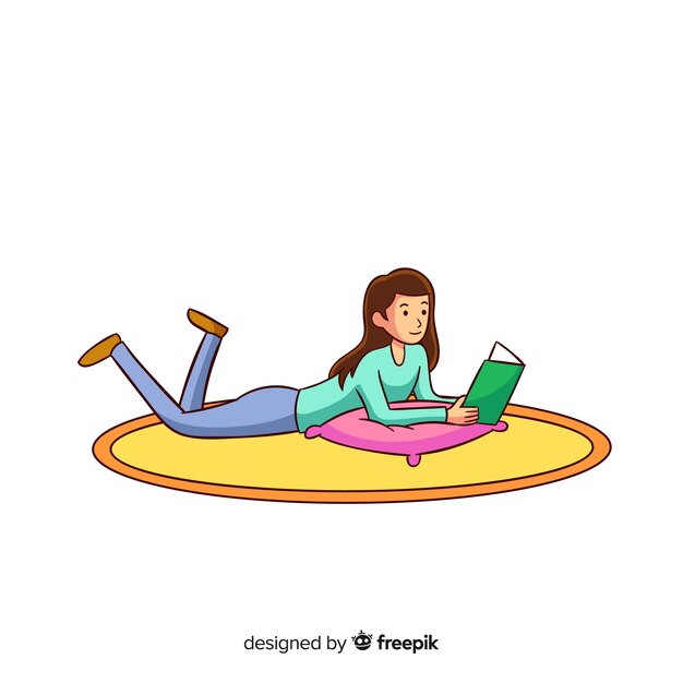 床で本を読む女