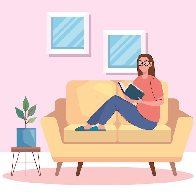 Free vector woman reading book in sofa