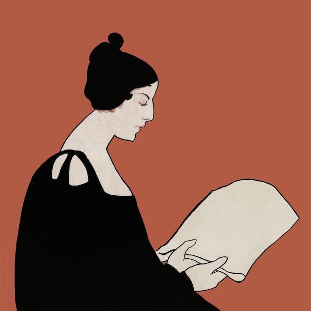 Donna che legge una stampa artistica vettoriale di un giornale, remix di opere d'arte di ethel reed