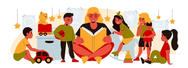 Free vector woman reading a story to children