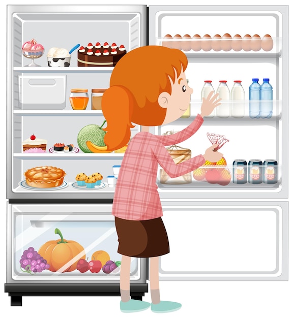 Free vector woman and refrigerator with lots of food