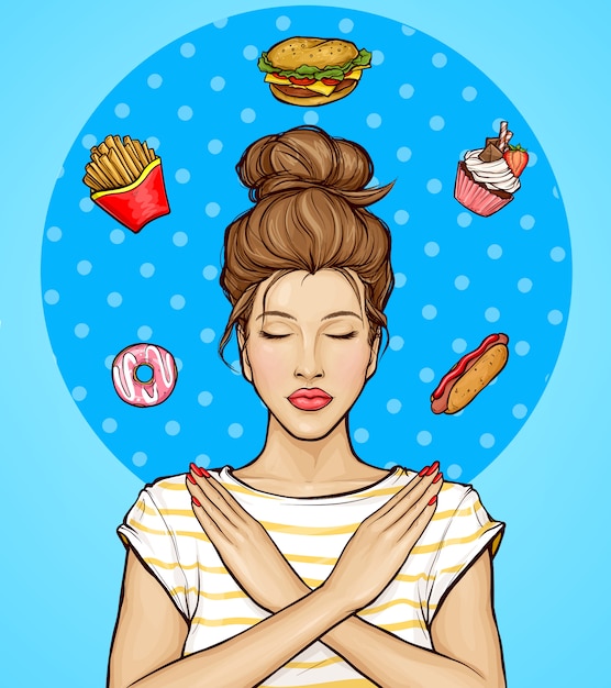 Free vector woman refusing from fast food and sweets