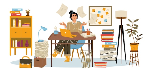 Free vector woman relax in office with stacks of paperwork