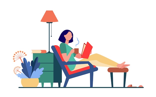 家でのんびり女性。熱いお茶を飲んで、肘掛け椅子のフラットベクトル図で本を読んでいる女の子。余暇、夕方、文学