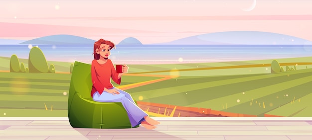 Бесплатное векторное изображение Женщина отдыхает на террасе дома с видом на поля