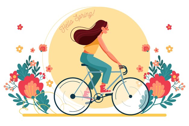 Woman riding a bicycle spring background