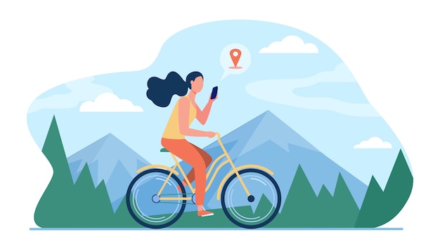 Free vector woman riding bike by mountains. girl cycling and consulting location app on cell flat illustration.