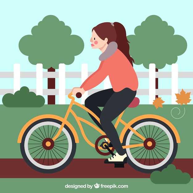 Free vector woman riding bike with flat design