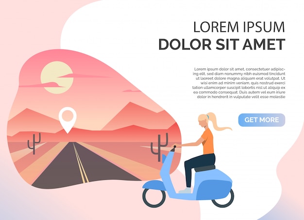 Free vector woman riding scooter, desert road and sample text