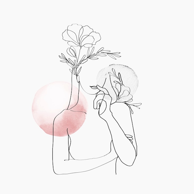 Woman&amp;rsquo;s body line art vector floral pink pastel feminine illustration
